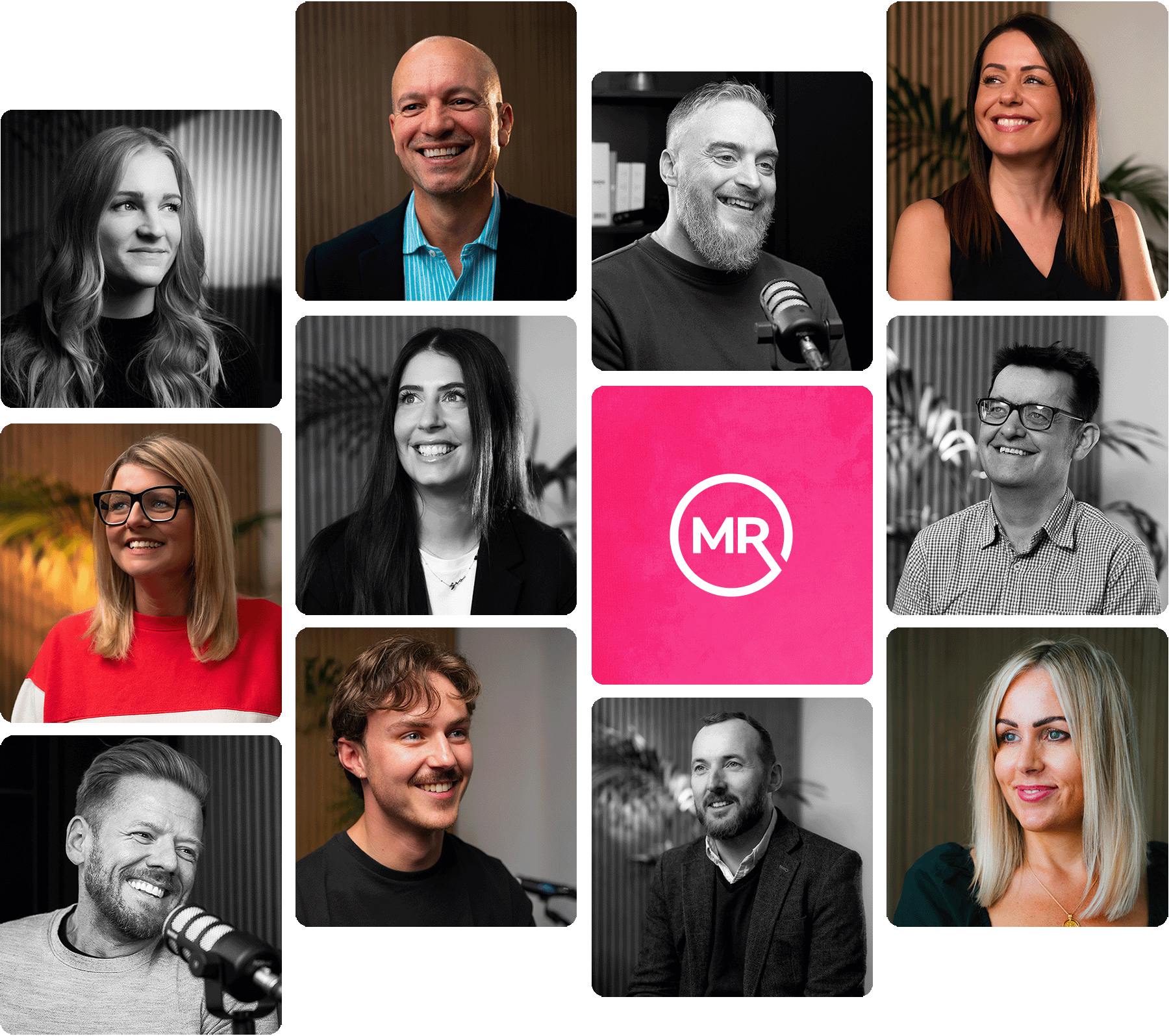 A collage of Map Room staff portraits in a grid-style layout. the Map Room logo sits in the centre of the grid, a white icon on a pink background.