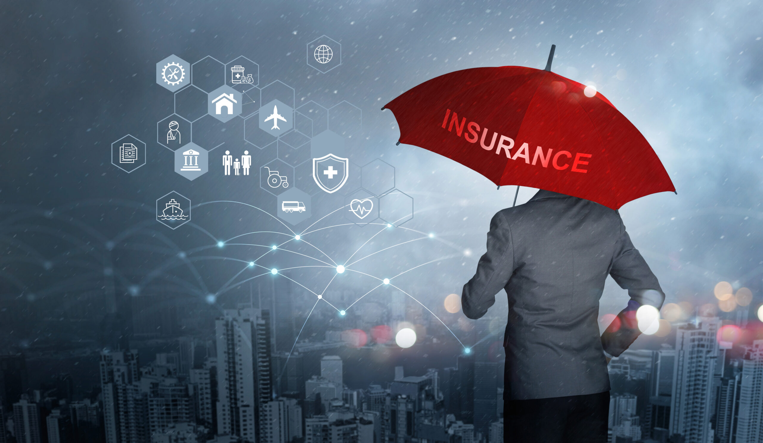 Insurance,Concept,,Businessman,Holding,Red,Umbrella,On,Falling,Rain,With